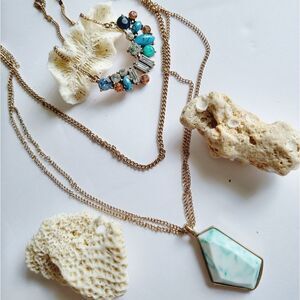 Blue Turquoise Resin Rhinestone Crystal 3 Layered Vintage Gold Pendant Necklace